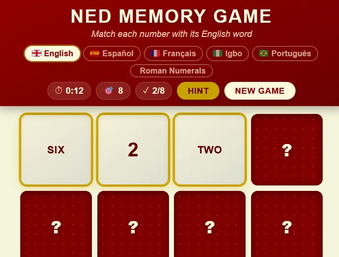 Ned Memory Game card grid matching numbers to their words
