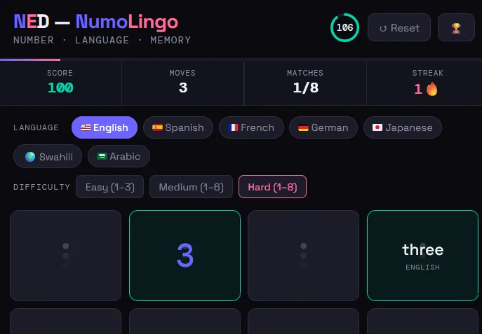 NumoLingo number and language memory game screen