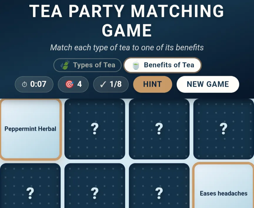 Tea Party Matching Game tiles of tea types